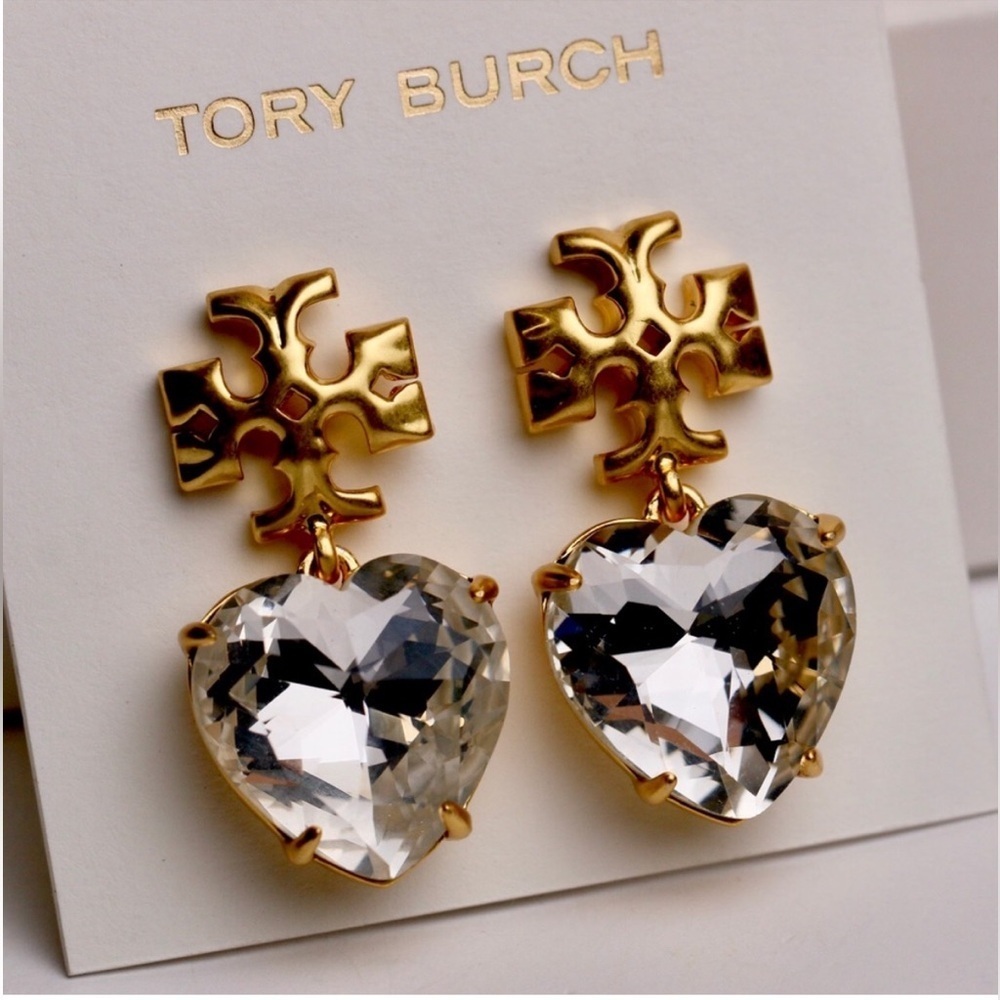 Tory Burch New Roxanne Crystal Brass Heart Drop Earrings - Picture 3 of 16